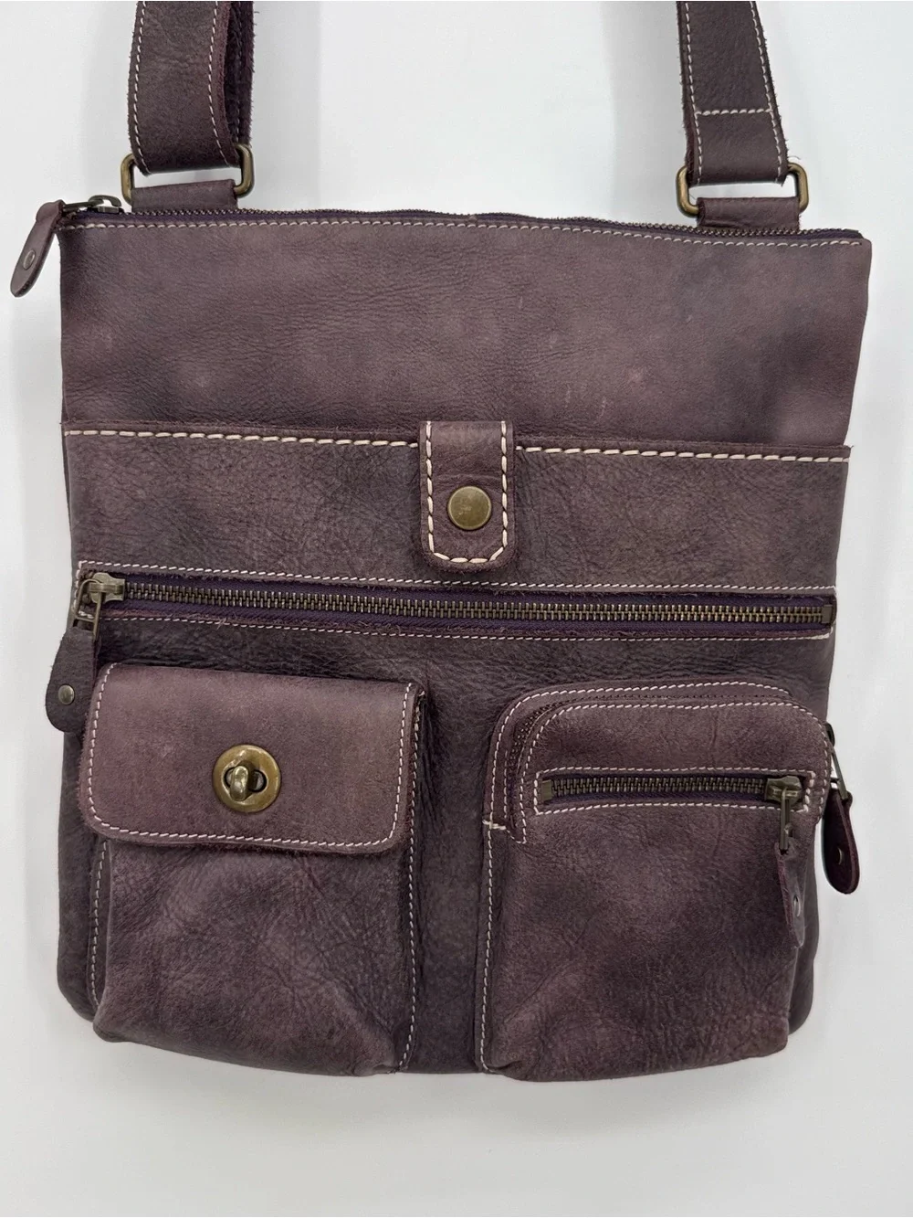 Roots Canada Purple Leather Multi Pocket Crossbody Bag Vintage Boho